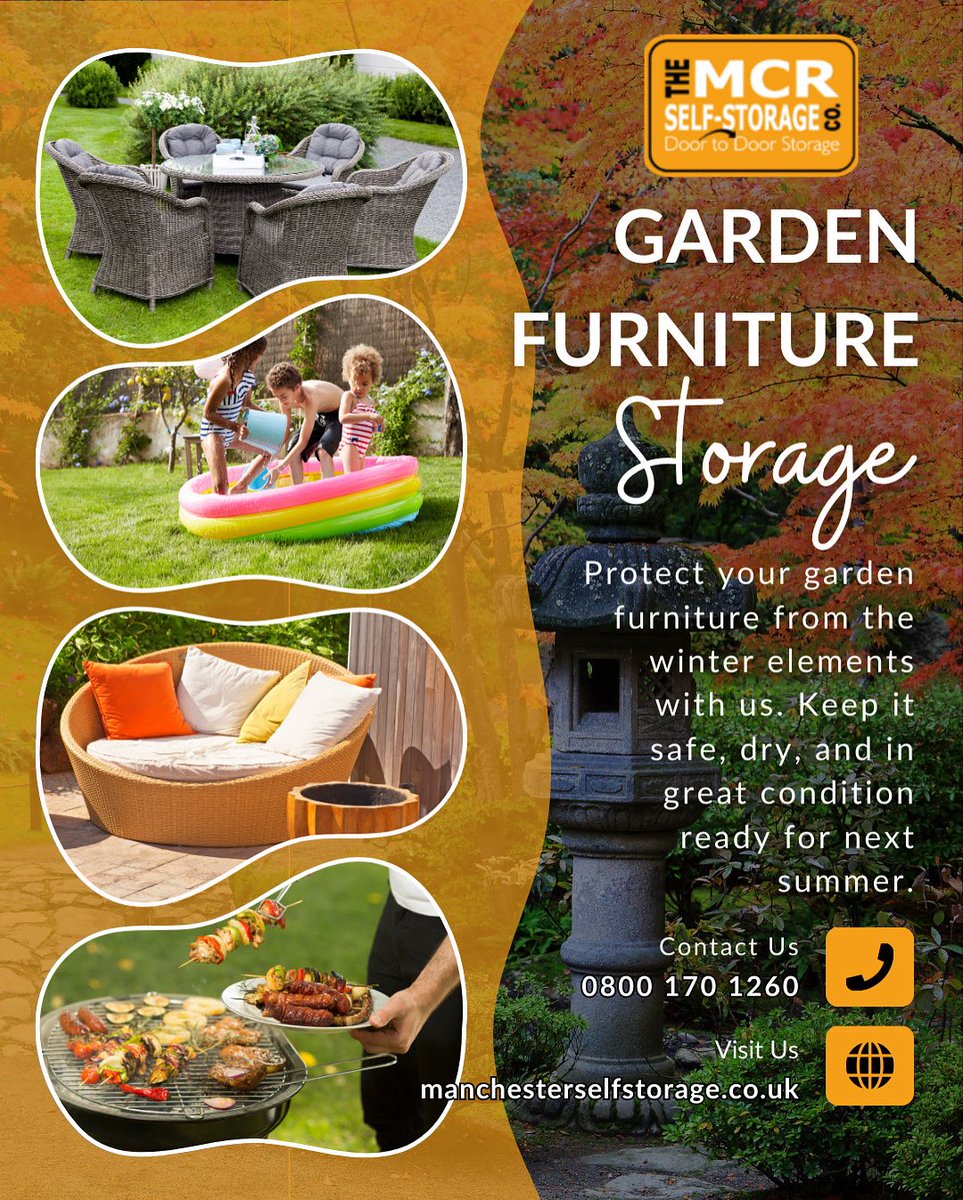 Don’t let rain, frost, or snow damage your garden furniture this winter. Store it safely with MCR Self Storage and have it looking perfect when summer comes around.

#ManchesterStorage #SelfStorage #MCRSelfStorage #WinterStorage #GardenFurniture #StorageSolutions