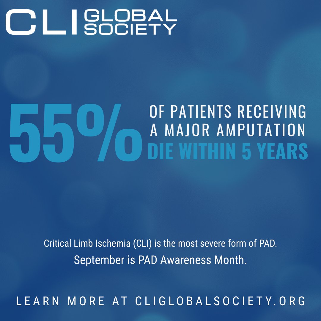 Critical Limb Ischemia (#CLI) is the worst form of Peripheral Artery Disease (#PAD). CLI can lead to amputations and death. 55% of patients receiving a major amputation die within 4 years.

#PADAwarenessMonth #CriticalLimbIschemia
Source: ow.ly/4r5X50WZFXY
