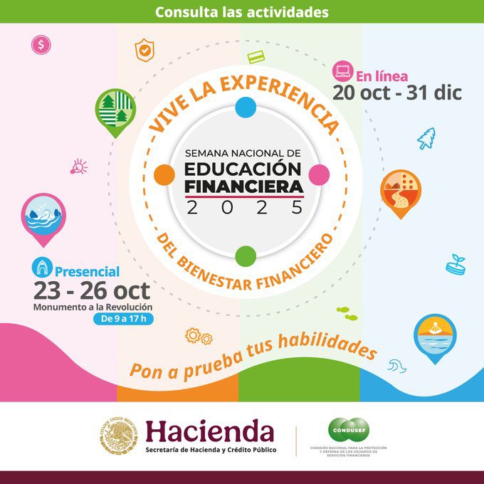 🎉 ¡Prepárate para vivir la experiencia del bienestar financiero en la #SNEF2025!  

📍Del 23 al 26 de octubre en el Monumento a la Revolución #CDMX o en línea en: 

👉🏼 bit.ly/promocionsnef 

#EducacionFinanciera #SaludFinanciera #BienestarFinanciero #ahorro #retiro