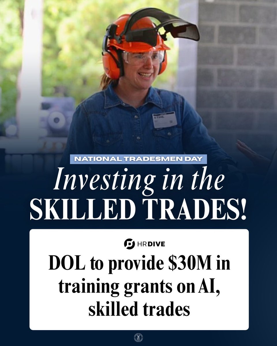 USDOL's tweet image. .@POTUS has made it clear: we must upskill American Workers to fill the in-demand jobs of the future. 
That’s why we’re investing in workforce development programs to open up the Skilled Trades to more Americans.
