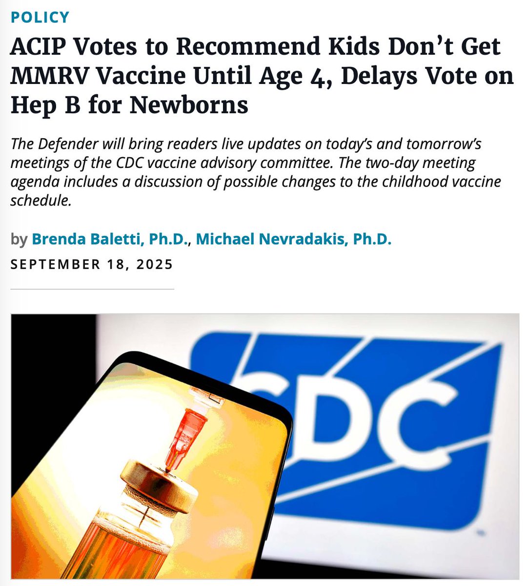 ACIP voted to recommend that kids DO NOT get the MMRV vaccine until age 4.

If these vaccines were as harmless as we’ve been told, why would they vote to delay them until later in childhood?