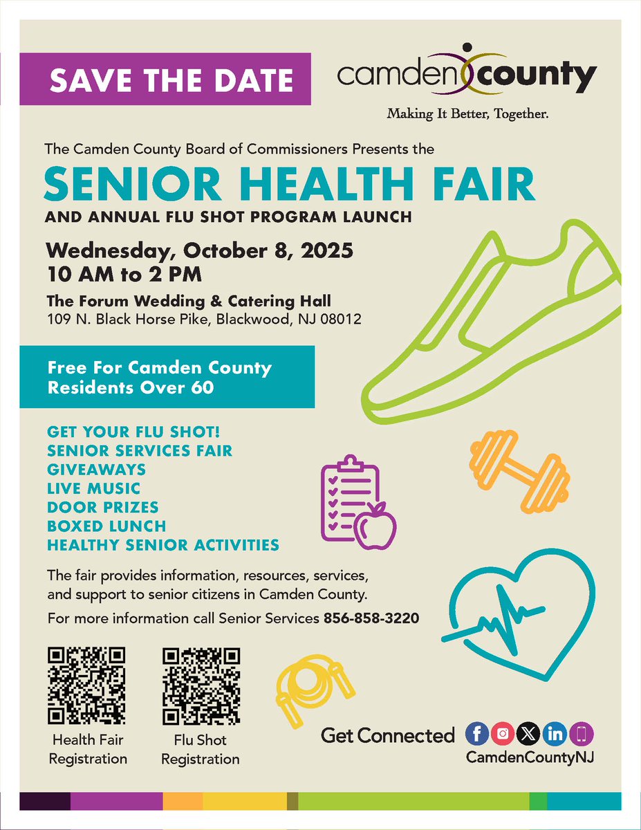 Join us on Wednesday, October 8, 2025, from 10 AM to 2 PM at The Forum Wedding &amp; Catering Hall, 109 N. Black Horse Pike, Blackwood, NJ 08012 for Camden County’s Senior Health Fair.

This free event for Camden County residents over 60 features:
Flu shots on-site
Senior services