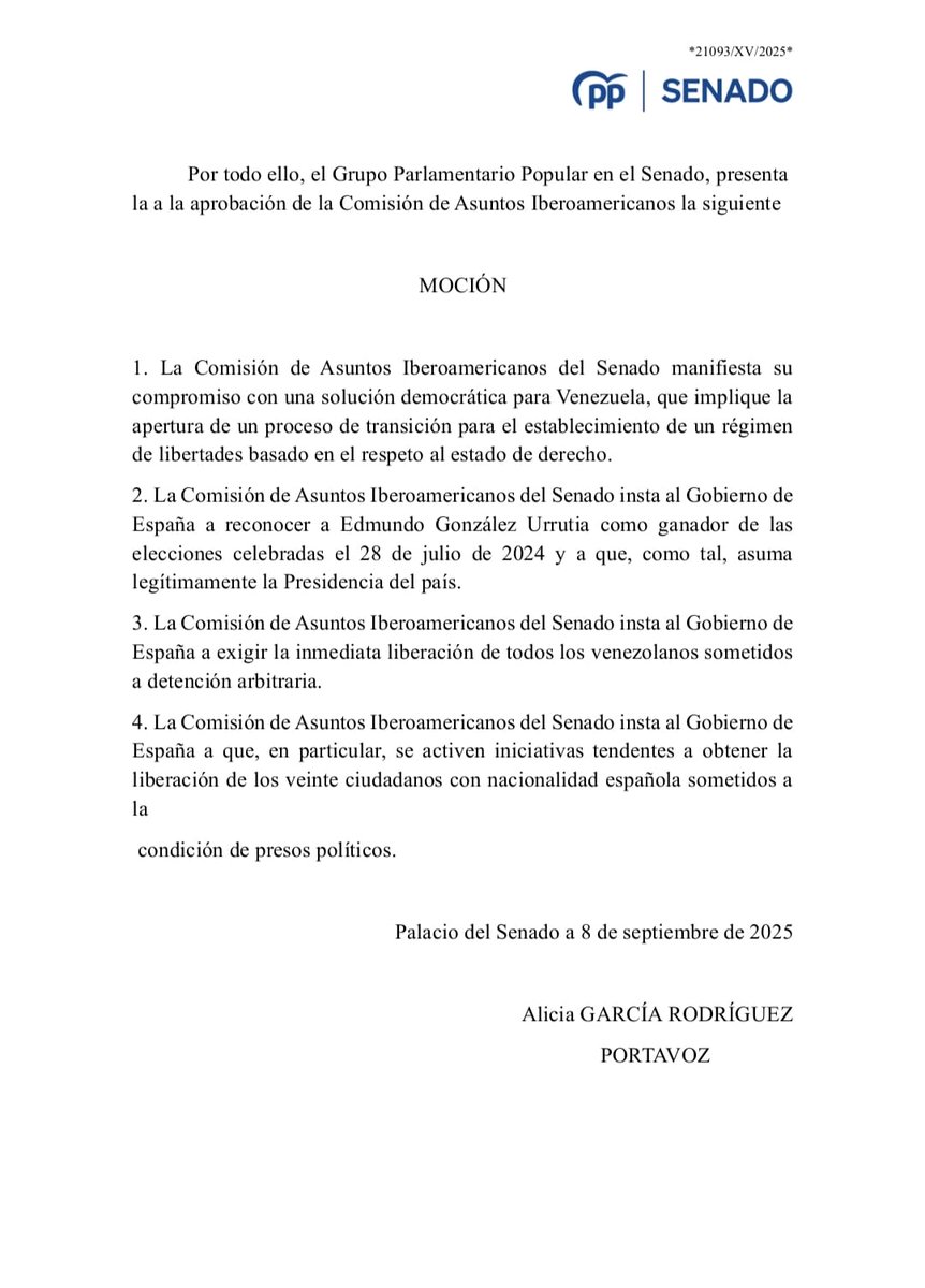 Agradecemos a los grupos políticos que promovieron y apoyaron en la Comisión de Asuntos Iberoamericanos del Senado dos mociones en favor de la causa por la libertad de Venezuela. 
Gracias <a href="/ppopular/">Partido Popular</a> y <a href="/vox_es/">VOX 🇪🇸</a> por estar una vez más del lado de la verdad,  la justicia y la libertad.
