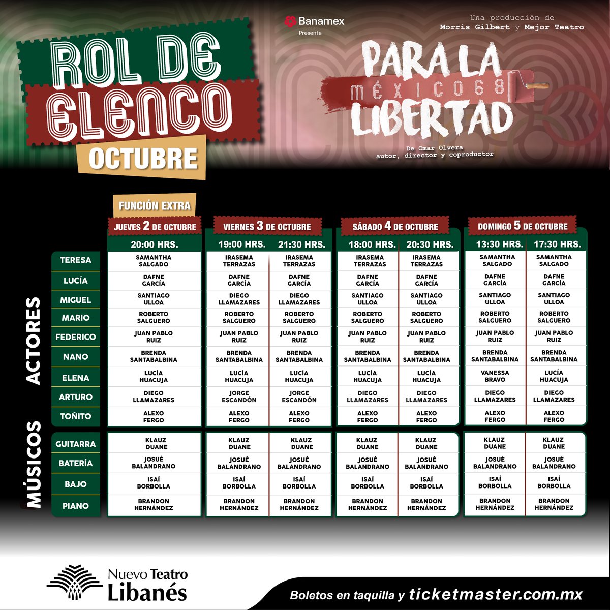 Para La Libertad. México 68 (@plalibertadmx) on Twitter photo ¿Sigues en pie de lucha? Entonces no te pierdas de #ParaLaLibertad, un viaje a octubre… pero de 1968. ¡Adquiere tus boletos: bit.ly/ParaLaLibertad…!
🕊️ 2 de oct. | ⏰ 8 p.m.
📆 3 de oct. | ⏰ 7 y 9:30 p.m.
📆 4 de oct. | ⏰ 6 y 8:30 p.m.
📆 5 de oct. | ⏰ 1:30 y 5:30 p.m. ¿Sigues en pie de lucha? Entonces no te pierdas de #ParaLaLibertad, un viaje a octubre… pero de 1968. ¡Adquiere tus boletos: bit.ly/ParaLaLibertad…!
🕊️ 2 de oct. | ⏰ 8 p.m.
📆 3 de oct. | ⏰ 7 y 9:30 p.m.
📆 4 de oct. | ⏰ 6 y 8:30 p.m.
📆 5 de oct. | ⏰ 1:30 y 5:30 p.m.