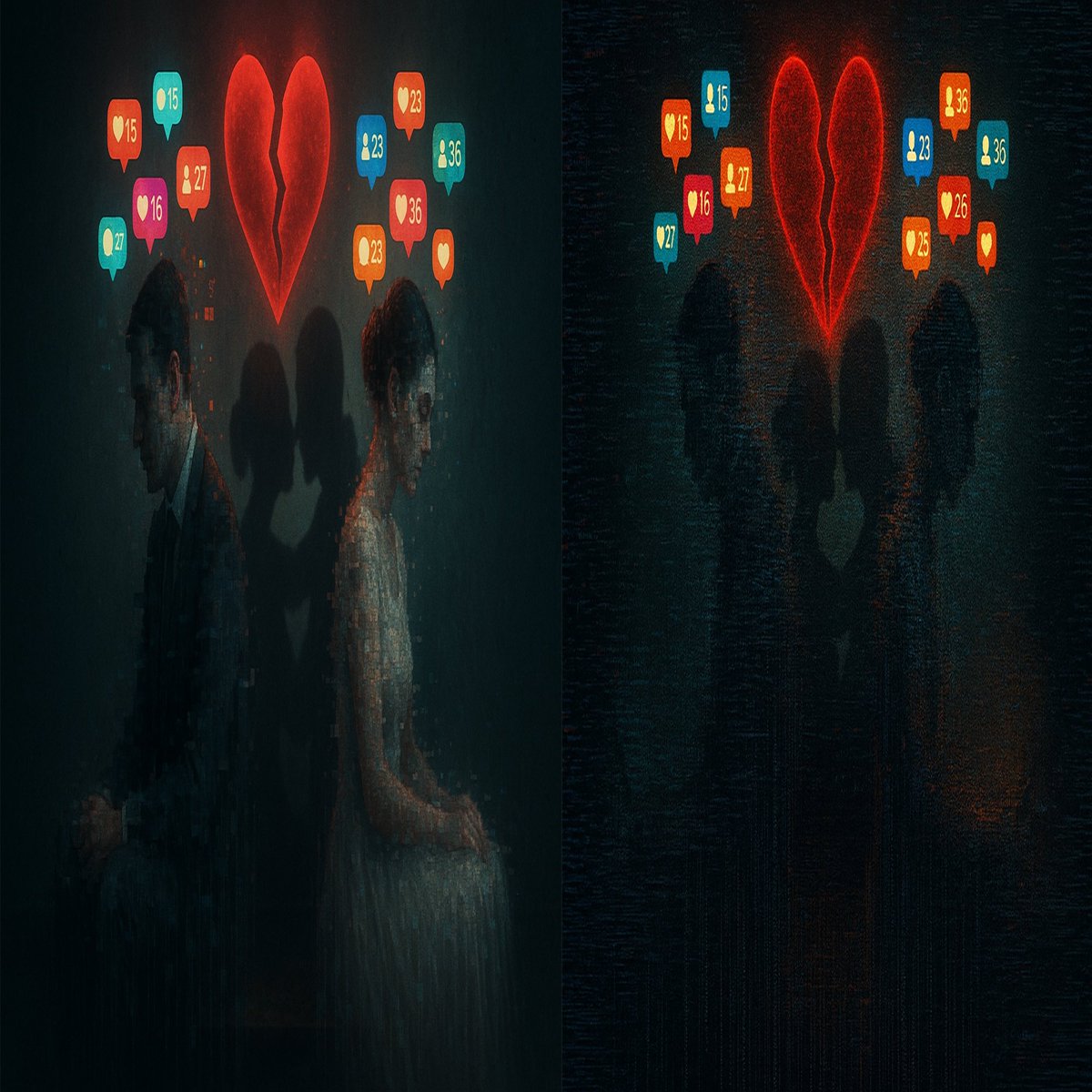 Luxara00's tweet photo. a world obsessed with likes and shares, our shadows cling to the illusion of love while reality crumbles. Social media: the silent killer of hearts? 💔 What do you think?
#AIArt #AINFTArt https://t.co/1oeN2KPMtR