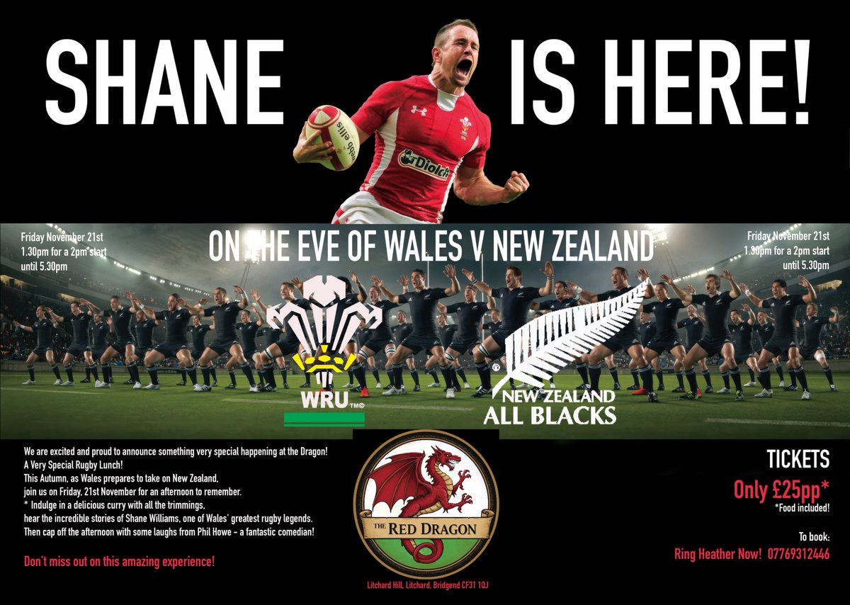 WE'RE UNLEASHING THE DRAGON! We are very pleased to be working with Heather &amp; Darrell of the RED DRAGON, LITCHARD, BRIDGEND!
Shane Williams, one of , if not the greatest player to take the field for Wales &amp; Rhondda comedian Phil Howe guarantee an afternoon of top entertainment.
