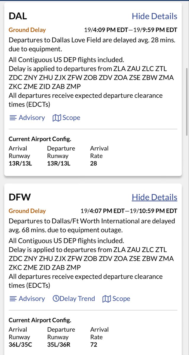 Ground stops have been lifted at DFW and DAL but ground delay program in effect. Suspect some long delays in store for flyers tonight.