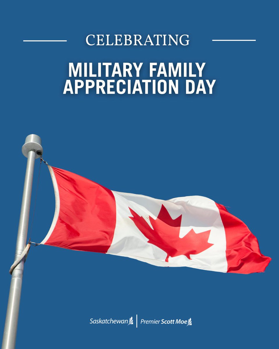 PremierScottMoe's tweet photo. Today we recognize Military Family Appreciation Day.
Behind every soldier is a family that serves alongside them—sacrificing time together, facing challenges with courage, and providing unwavering support.

On behalf of Saskatchewan, thank you to our military families for the strength, love, and resilience you bring to our communities and our country.