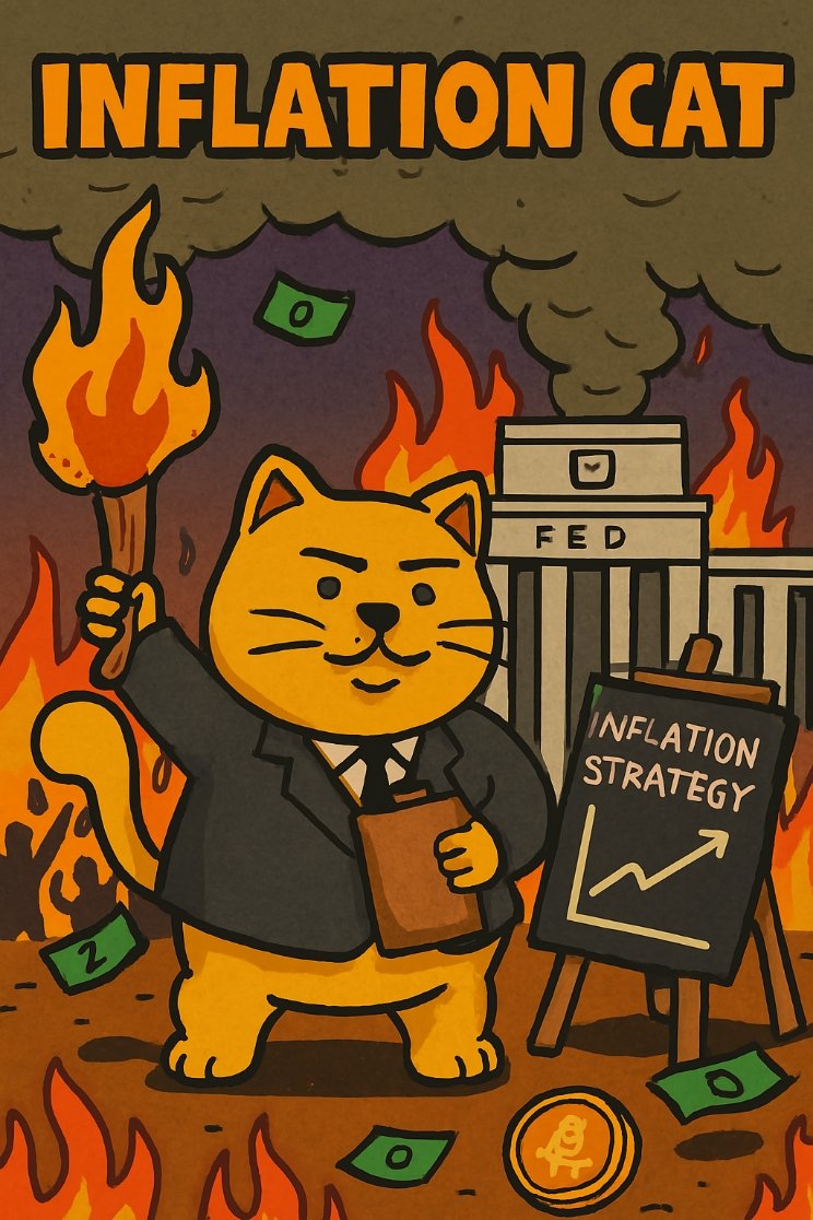 Prospace01's tweet photo. INFLATION CAT just dropped the new economic model: 🔥
Step 1: Print 💸
Step 2: Burn 🔥
Step 3: Profit 🐱📈
The Fed’s in flames and $INFCAT is licking its paws.
#INFCAT #MemeContest #FatCatEconomics https://t.co/dAiJWQGg5G