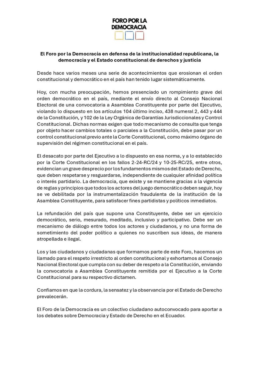 El Foro de la Democracia ante el rompimiento del orden democrático en el Ecuador.