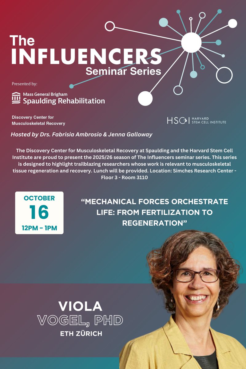SpauldingMSK's tweet image. REGISTRATION IS OPEN! Join us on October 16, 12-1PM, for the first episode of the 2025-26 Influencers Seminar Series featuring Dr. Viola Vogel (@ETH) on &quot;Mechanical Forces Orchestrate Life: From Fertilization to Regeneration.&quot;

Save your seat here or using the link in our bio:…