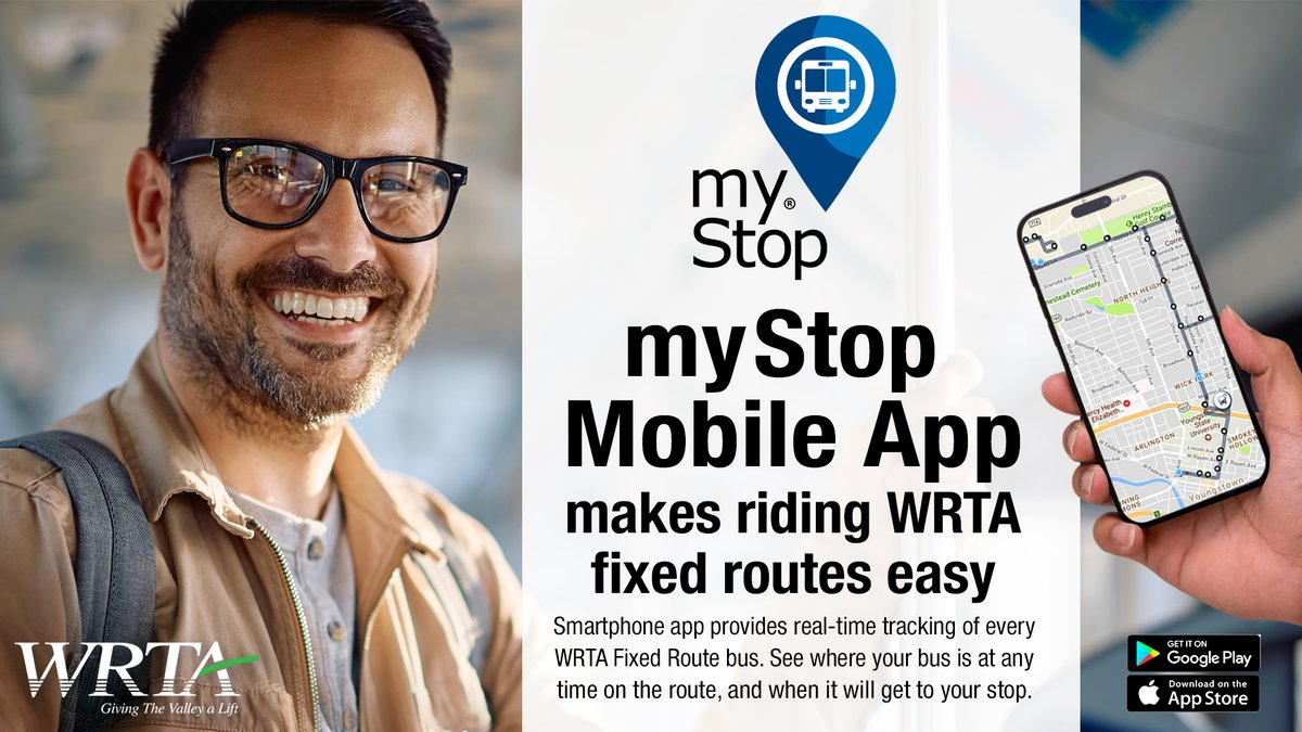 RIDING MADE EASY WITH THE MYSTOP APP — Download the myStop app and enter your destination to see nearest stop, best bus to ride and what time it arrives. Watch your bus travel in real time on it's route. Receive notifications as your bus gets closer.  bit.ly/47aiWoZ