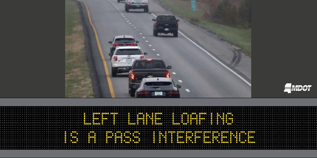 MississippiDOT's tweet image. 🚩 Left-lane loafers, you're getting flagged for *unsportsmanlike driving* (yes, it's thing cause we made it up)!

No one likes a drive-stopper, y'all. 🏈➡️ Don’t hog the left lane. Be a team player and move right when you’re not passing!

#MShwys #ShareTheRoad #DriveSmartMS