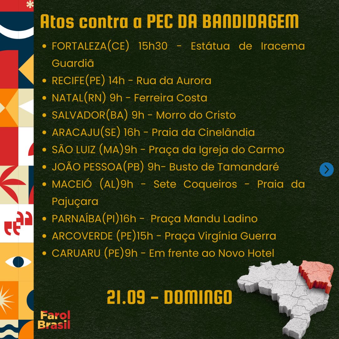 jonesmanoel_PE's tweet image. Segue uma lista de ATOS contra a PEC da BANDIDAGEM e a anistia para golpistas no domingo. ATOS POR TODO BRASIL! 

VAMOS PARA RUA!