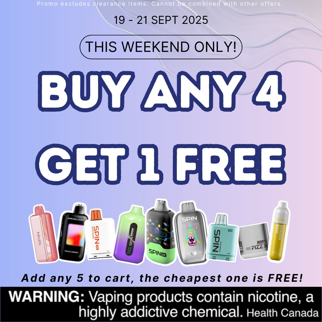 ⚡ This Weekend Only (Sept 19–21)!
👉 Buy Any 4 Vapes, Get 1 FREE – add 5 to cart, cheapest is FREE 🎉

🚀 Shop SPIN 60K, Fruitii, Aurora &amp; more – stock up before it’s gone!

🔗 Shop Now → spinvape.ca

#VapeSale #SpinVape #CanadaVape