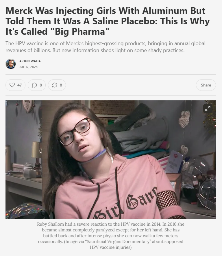 Merck’s HPV vaccine clinical trials used a TOXIC ADJUVANT as the "placebo," misleading participants and compromising informed consent.

Participants were told the placebo was "saline" or an "inactive substance." In reality, it contained Merck’s proprietary aluminum adjuvant