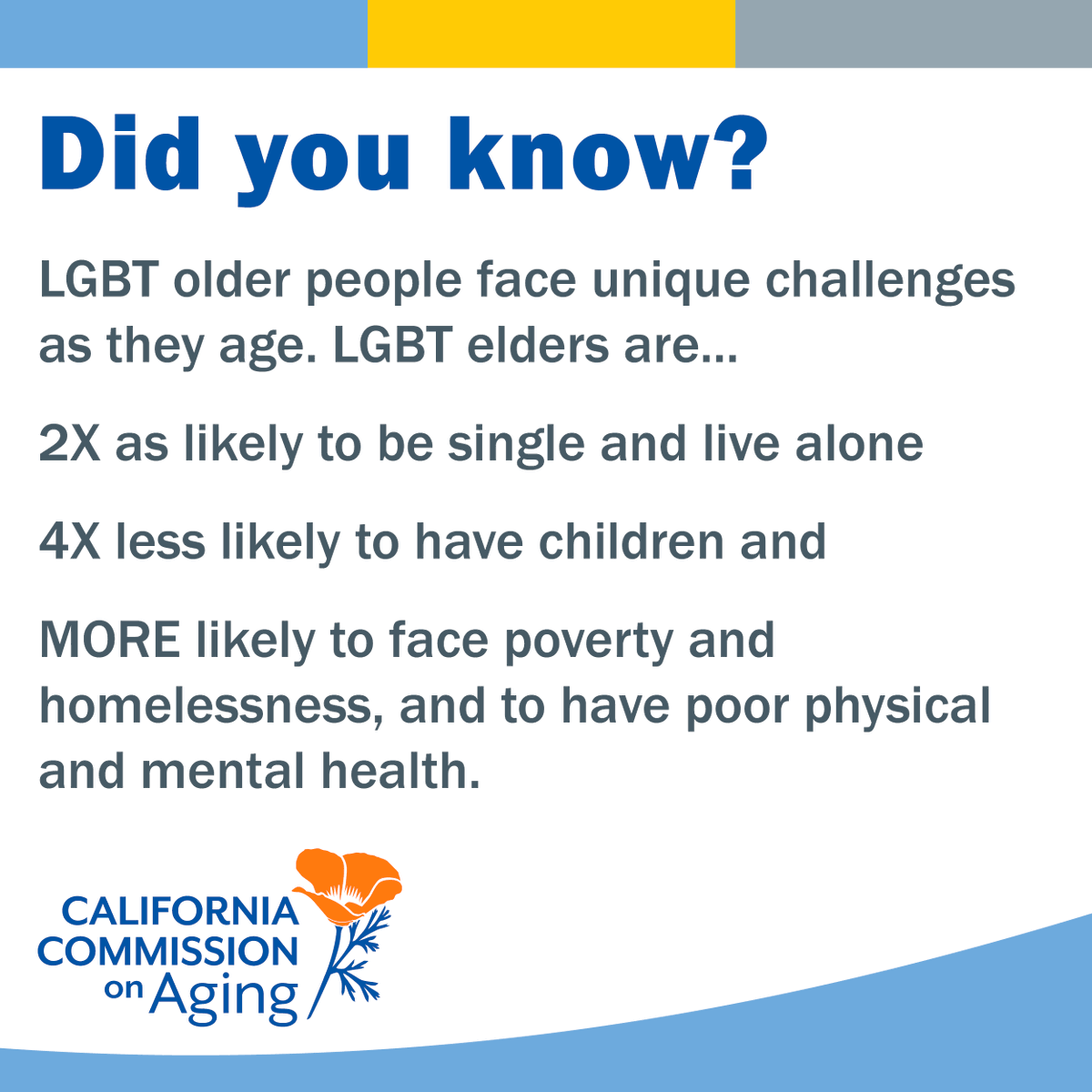 LGBT older people face unique challenges as we age. LGBT elders are...
Twice as likely to be single and live alone
Four times less likely to have children and
MORE likely to face poverty and homelessness, and to have poor physical and mental health.
rebrand.ly/5oscoem