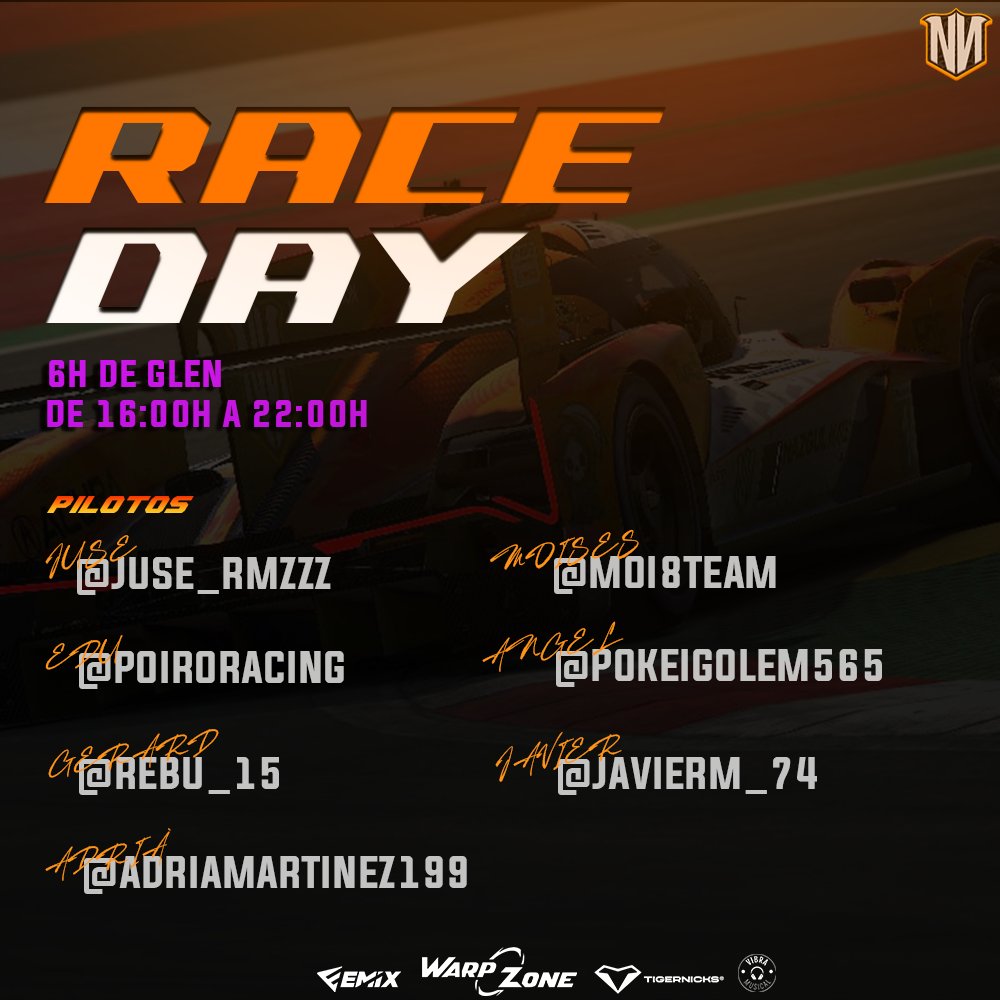 #AssettoCorsa | ¡𝐑𝐀𝐂𝐄𝐃𝐀𝐘!

🏆 | 6h de #WATKINGSGLEN
⏰ | 16:00h
📺 | twitch/sobreruedas_tv

𝑷𝑰𝑳𝑶𝑻𝑶𝑺
<a href="/PoiroRacing/">eroyes19</a>
<a href="/ivannnnPerez/">Jusee Perez</a> 
<a href="/JavierM_74/">Javier</a> 
<a href="/adrimartinez199/">Adrià Martinez Moreno</a> 
<a href="/PokeiGolem565/">angelee_565</a> 
<a href="/rebu_15/">Rebu</a> 
<a href="/Moi8Team/">MOI8TEAM</a> 

 #GoNN 🧡 · #NNsimracing