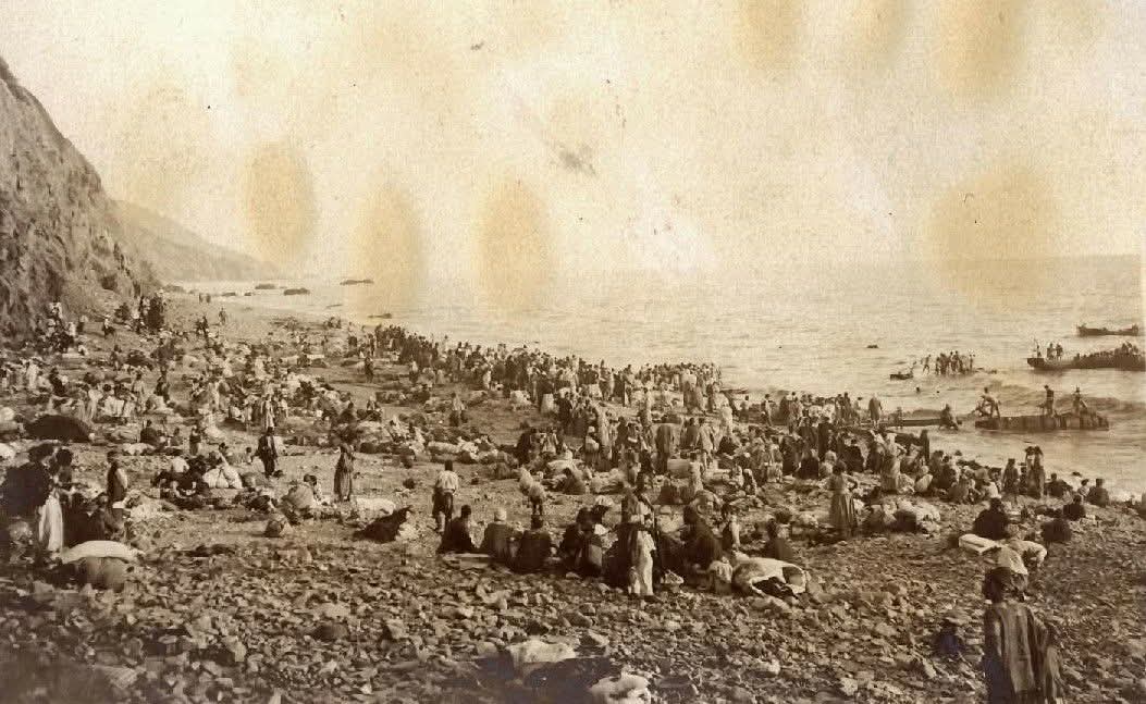 ArtSpangenberg's tweet photo. One of the most widely read novels in German literature is Franz Werfel’s work The Forty Days of Musa Dagh. It is based on the events during the Armenian Genocide 110 years ago. This historical picture shows the rescue of the Armenians of Musa Dagh by French ships, after they had fought a 53-day heroic battle against overwhelming Turkish forces. 

As every year in September, the descendants of the Musa Dagh Armenians commemorate this event. Since I myself grew up among the direct descendants in Anjar, Lebanon, this day of remembrance, with all its rituals of collective memory, is an essential part of my identity.