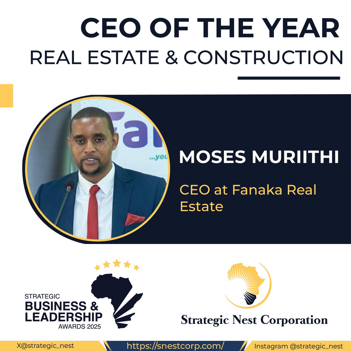 Strategic_nest's tweet photo. Moses Muriithi
CEO FANAKA REAL ESTATE

Congratulations you are a true change-maker driving Africa’s future.
#SBLA2025 #SNC #CelebrateImpact #CelebratingExcellence #BusinessExcellence https://t.co/E7G36Q5zcC