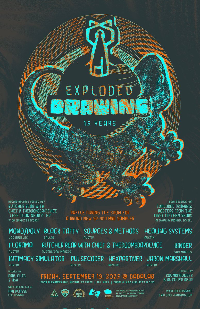 XplodedDrawing's tweet image. Our 15 Year Anniversary is tonight at dadalab in East Austin. Doors at 8:30. Always $5. We're raffling off a  brand new SP 404MKII. Join us!