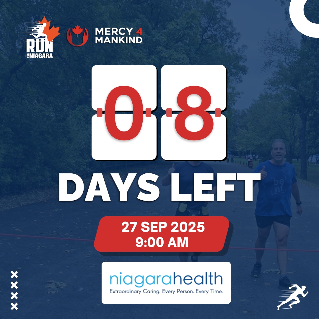 RunForNiagara's tweet photo. 08 DAYS TO GO!

Run For Niagara is almost here!

Sept 27, 2025

Let’s lace up and run to support Niagara Health Foundation

🎟️ Register now:
 https://t.co/aaHjfw0dJ6

Let’s do this, Niagara!

#RunForNiagara #8DaysToGo
#NiagaraHealthFoundation #Mercy4Mankind https://t.co/7jcvDfToli