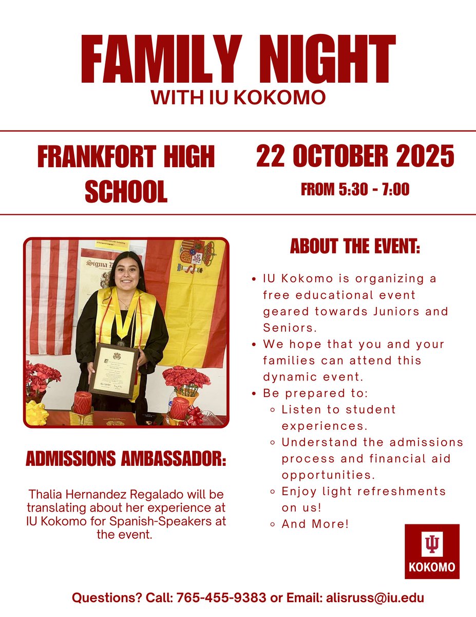 Mark your calendar for our <a href="/IUKokomo/">IU Kokomo</a> Family Night on Oct. 22, geared toward Spanish-speaking families of <a href="/FHSHotDogs/">Frankfort High School</a> juniors &amp; seniors. This is a great opportunity to learn more about college admissions and what IUK has to offer! 🐾 #hotdogexcellence #communitycomesfirst