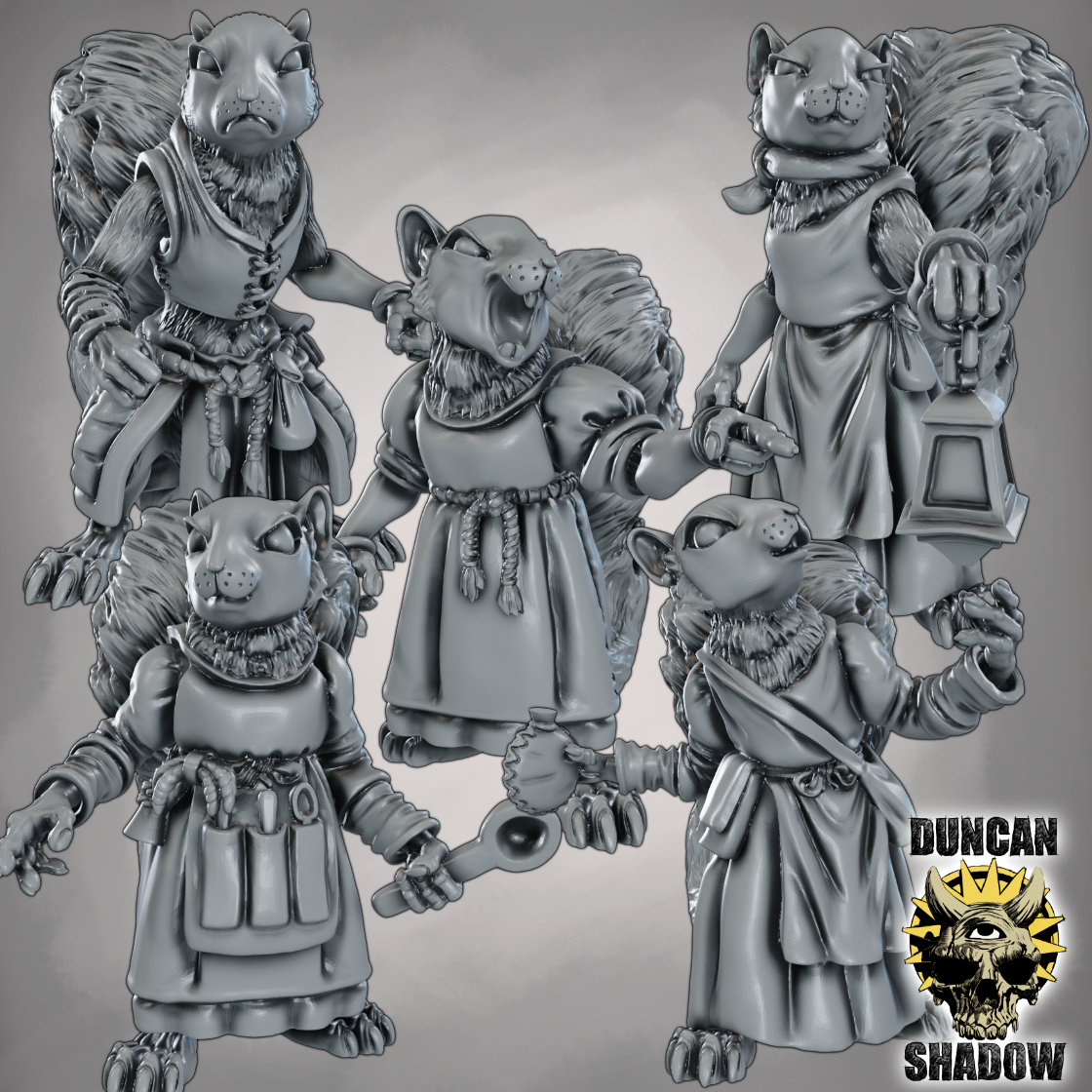 Squirrel folk NPCs pre posed 
One of the sets of Female Squirrel folk out this month 
Sculpted for 3d printing 

#ttrpg