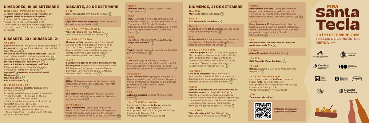 AjuntamentBerga's tweet photo. 📢 Arriba una nova edició de la Fira de Santa Tecla de Berga, que se celebra els dies 20 i 21 de setembre! Viu un cap de setmana ple de productes de proximitat, activitats familiars, propostes culturals i descobreix la novetat que no et pots perdre: l’Espai Gastronòmic! https://t.co/twDP7fMRxu