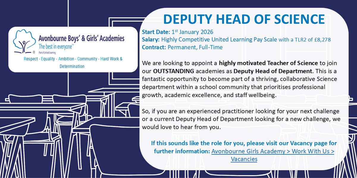 Due to internal promotions we are looking for a Deputy Head of Science. This is a huge opportunity to have impact. Bookletised curriculum, disruption-free learning, WCF, A Level teaching, a fun and supportive staff team. DM to discuss more.