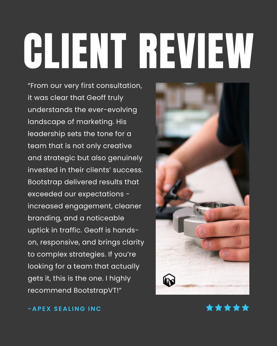 BootstrapVT's tweet image. We’re so grateful for the kind words and trust from our partners at Apex Sealing. From strategy to execution, our goal is always the same, helping businesses grow with clarity, creativity, and measurable results.