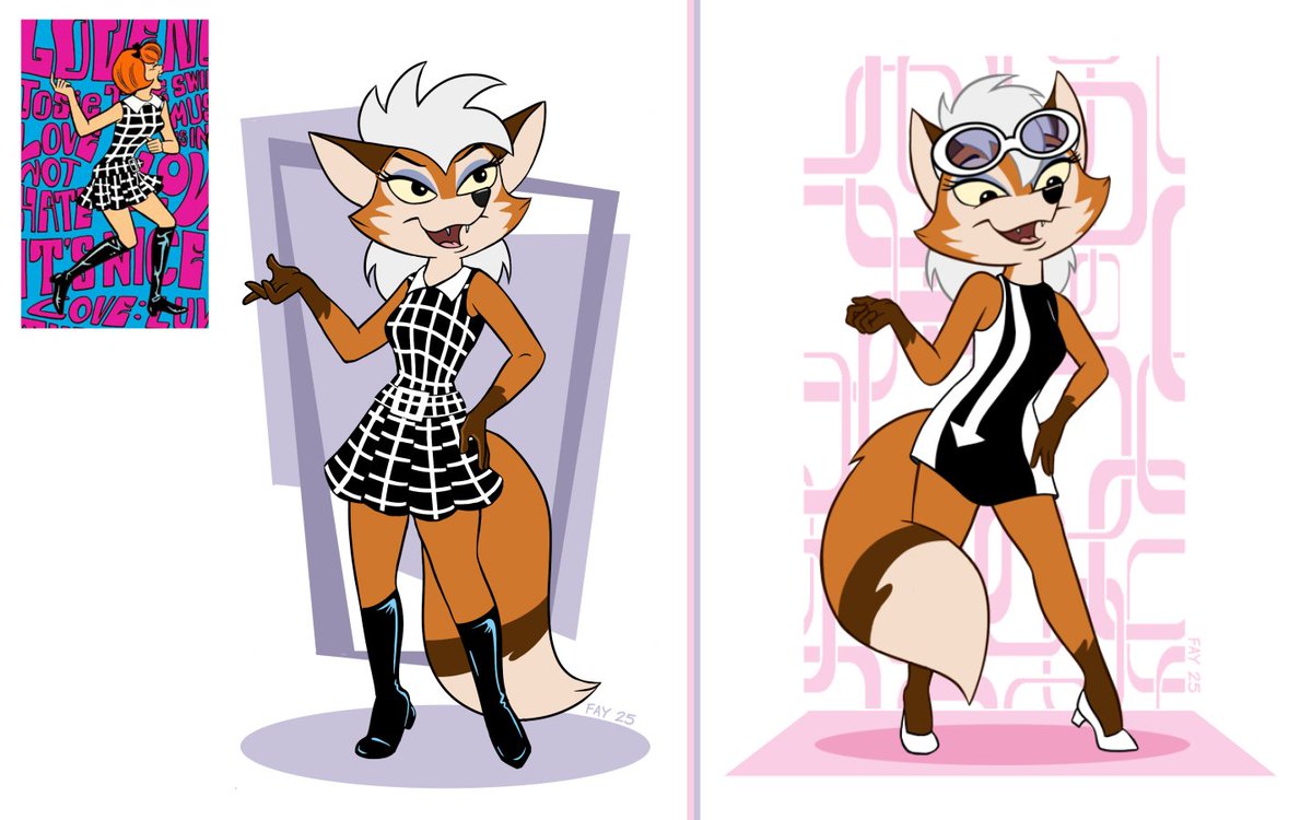 Tim_Kangaroo's tweet image. Cartoon vixen, Val, showing of her Mod style.  Val created by @shuffle9nine (dress reference by Dan DeCarlo included).
#mod #vixen #retro #1960s #cartoon #fanart