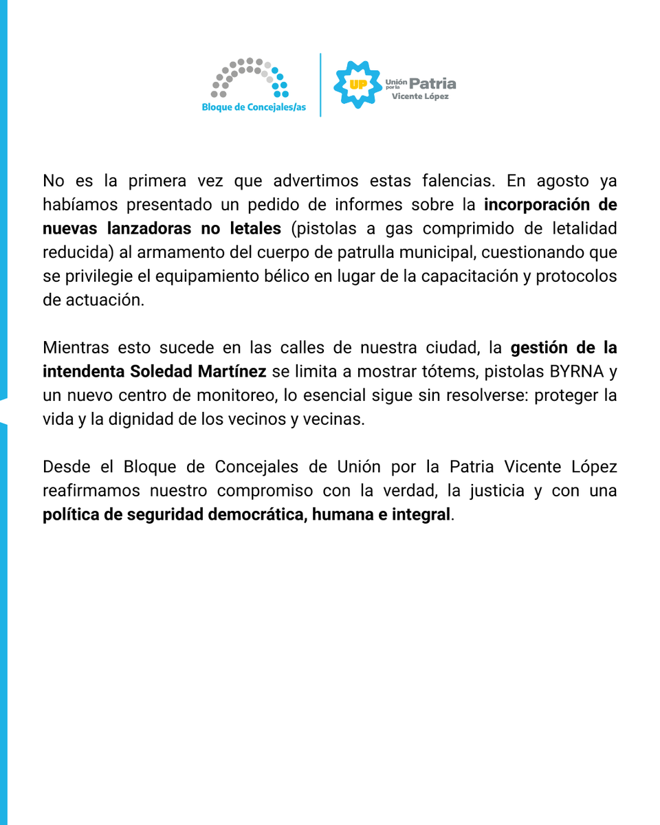 El Bloque de Concejales de Unión por la Patria Vicente López reafirmamos nuestro compromiso con la verdad, la justicia y con una política de seguridad democrática, humana e integral.

Compartimos nuestro comunicado.
