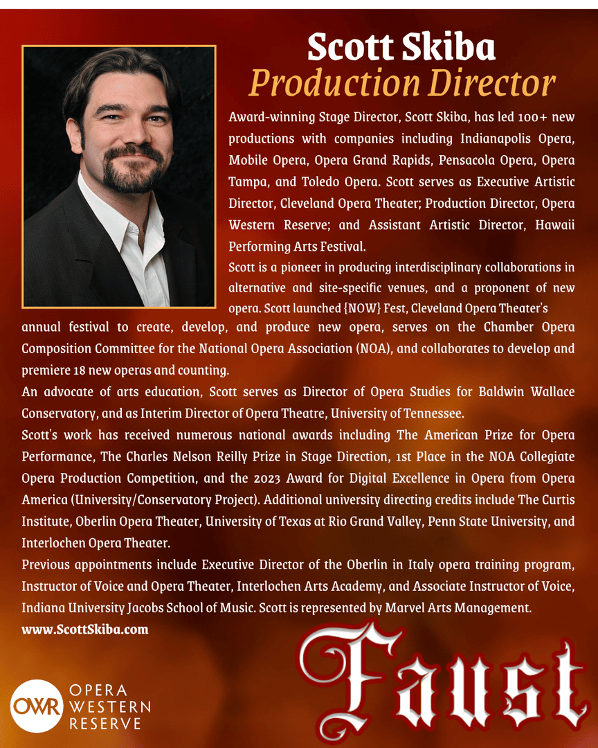 OperaWReserve's tweet photo. Please welcome back our Production Director Scott Skiba!

📅 Faust premieres September 20, 2025 at 7:30pm at the DeYor Performing Arts Center
🎟️ Tickets on sale now at https://t.co/HFNew3Xhil https://t.co/LfnVw8CkFh