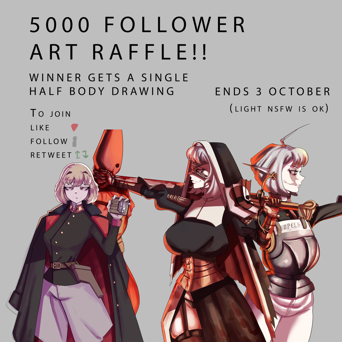 Its time for the 5000 follower art Raffle. 

Post oc below.