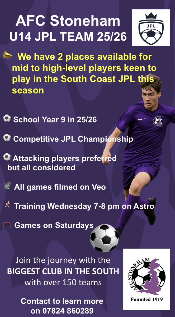HamblePhil's tweet image. Luke’s U14  team are looking for a couple of extra players for this season in the JPL Championship on a Saturday

With over 150 teams across all age groups, reach out now to take the next step in your football journey at @afc_stoneham 💜💜