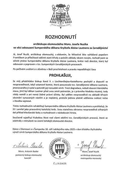 Revize čarodějnických procesů! <a href="/CirkevCz/">Církev.cz</a> prostřednictvím předsedy biskupské konference a arcibiskupa <a href="/AOlomoucka/">Arcidiecéze olomoucká</a> Josefa Nuzíka rehabilitovala po 340 letech kněze Kryštofa Lautnera upáleného 18.9.1685. Očištěny byly i stovky dalších obětí. Křivá obviněni byla vynucena násilím.