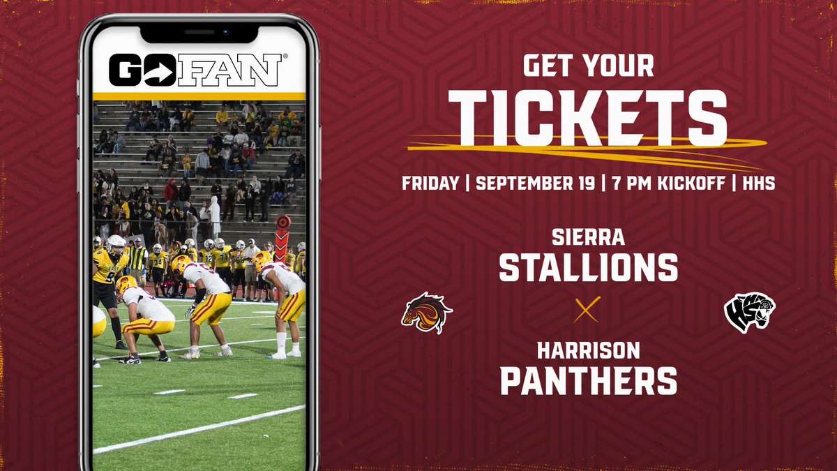 TICKET INFO: Purchase tickets at the gate or in advance at gofan.co/event/4041929?…. ALL SIERRA SH STUDENTS MUST HAVE A VALID ID and will be charged $4 admission. 
Good luck Stallions!