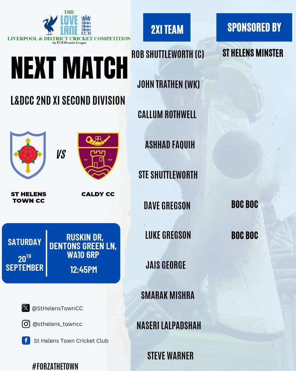 Team News 🏏

Our final week of the season will see our 1XI &amp; 2XI take on Caldy. 

Our 1XI making the travel away whilst our 2XI will finish their season at Ruskin Drive. Let's hope the weather holds off ☔️ #ForzaTown