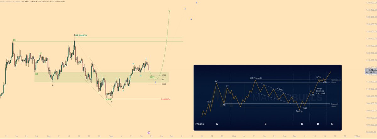 #BTC / USDT

BTC is moving within the Wyckoff re-accumulation structure, currently in the Test phase after the Spring.

A pullback toward $114K – $111K is possible and healthy as part of the structure.