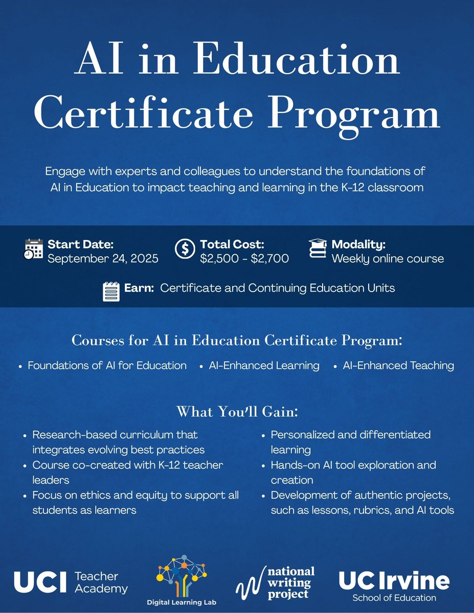 CSforCA's tweet image. How does #GenAI impact classrooms? The @UCIrvine Teacher Academy, Digital Learning Lab, &amp;amp; National Writing Project, is hosting an online #AIinEducation Certificate Program to help Eds answer that question w/confidence, clarity, &amp;amp; purpose. Starts 9/24!
teacheracademy.uci.edu/ai-in-education