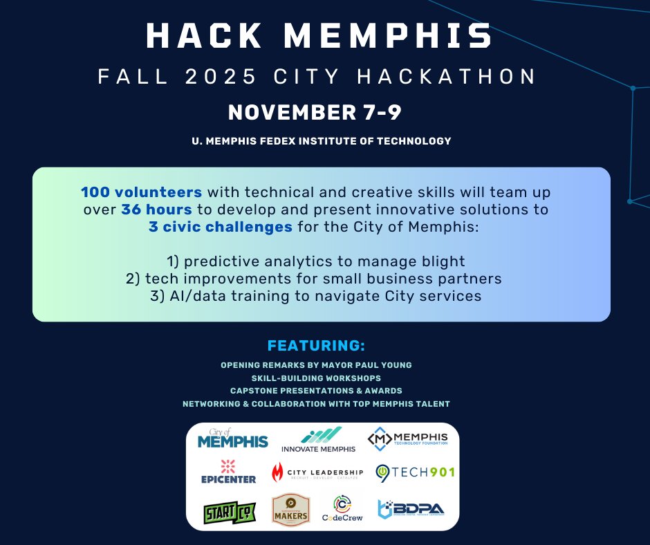 Calling all data, tech &amp; design pros in Memphis! Join us for the City Hackathon 🧑‍💻 Nov 7-9 at UofMemphis FedEx Institute! Innovate solutions for our city &amp; network with local experts and peers. Register! 👉 bit.ly/HACKMEM25  #hackmemphis2025