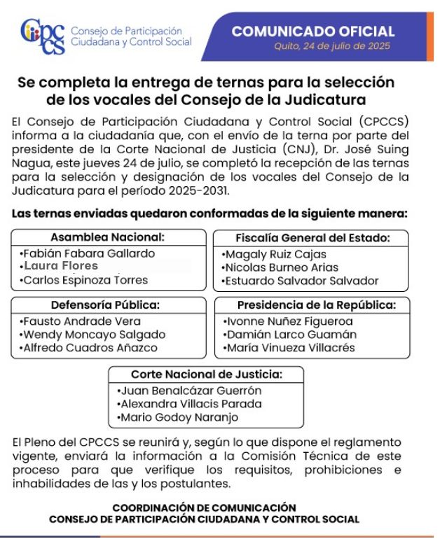 OscarAyerve's tweet photo. ⚡¡A LA VELOCIDAD DEL RAYO! 
EL @CpccsEc DEFINE HOY A LOS VOCALES DEL @CJudicaturaEc 
El CPCCS ha convocado para este viernes 19 de septiembre de 2025, a las 18h00, la sesión en la que se designarán a los 5 Vocales Principales y Suplentes del Consejo de la Judicatura, a partir de las ternas enviadas por la @AsambleaEcuador, @FiscaliaEcuador, @DEFENSORIAEC, @Presidencia_Ec y @CorteNacional.
El país espera que la elección se base en el mérito, la experiencia, la trayectoria y el cumplimiento riguroso de los requisitos. Se necesita a personas idóneas, capaces de asumir con firmeza la responsabilidad de dar un giro de 180 grados a la función judicial.
En medio de una crisis institucional sin precedentes, es imprescindible enfrentar la falta de transparencia, la pérdida de credibilidad y la infiltración incluso del crimen organizado. La institución debe convertirse en el eje de un cambio real, que la ciudadanía exige con urgencia y no puede seguir postergándose.
Así como este concurso avanza con celeridad, ahora el CPCCS debe aplicar la misma rapidez en los procesos pendientes: la renovación del @cnegobec, la elección de Fiscal General y otras designaciones clave que el país no puede seguir esperando.
@Presidencia_Ec @CynthiaGelliber @MinGobiernoEc @MinInteriorEc @DefensaEc @ContraloriaECU @CorteNacional @FiscaliaEcuador @FFAAECUADOR @PoliciaEcuador @elcomerciocom @eluniversocom @Primicias @revistavistazo  @lahoraecuador @Expresoec @Teleamazonas24H @EcuavisaInforma @TVCEcuador @tctelevision @CarlosVerareal  @visionariasec @radiocentroec @radiosonoramaec @democraciaec @radiosucesosec @SonoramaEc