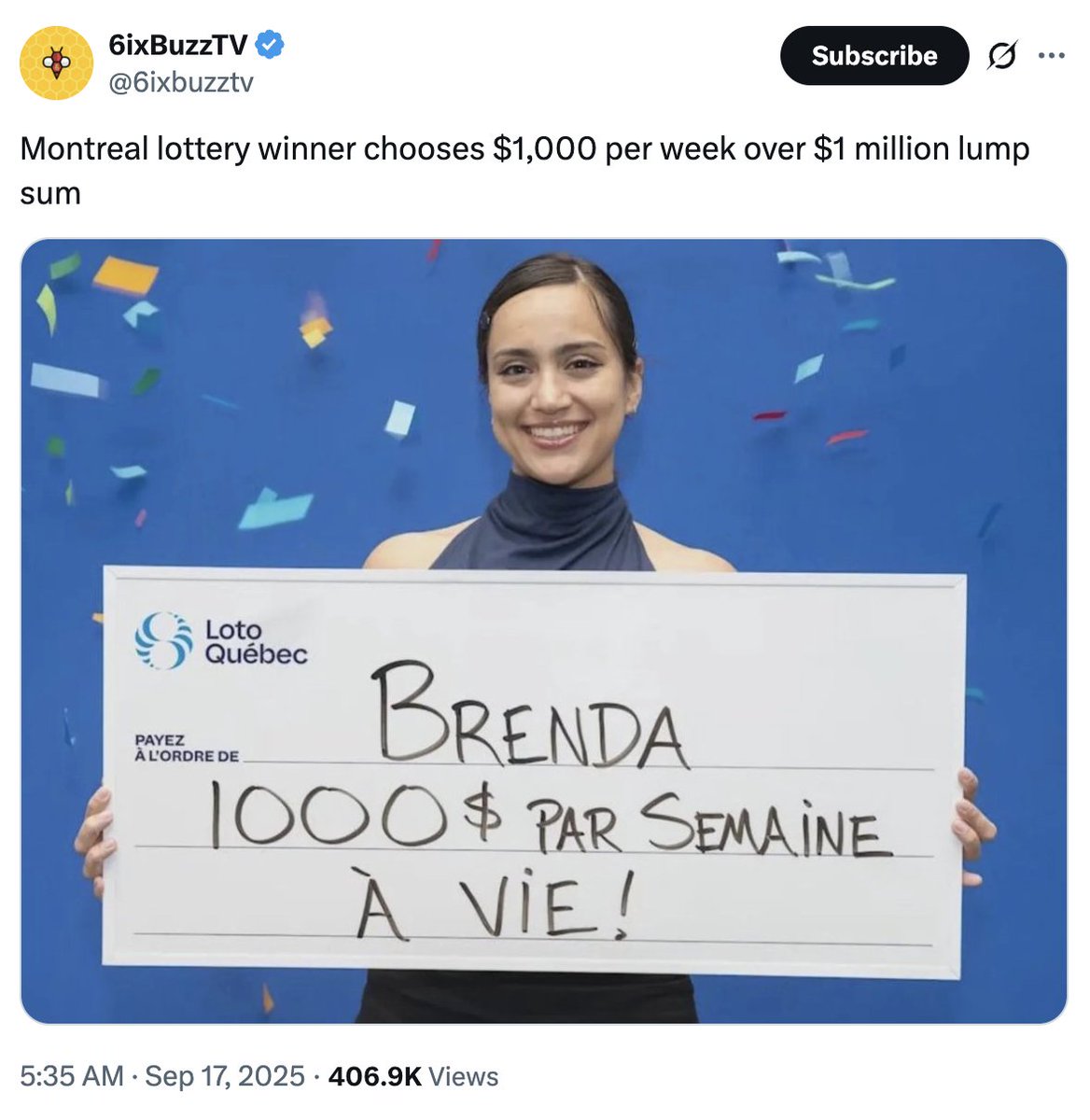 Alle lachen über sie. Aber eigentlich hat sie alles richtig gemacht.

Eine junge Frau in Montreal gewinnt die Lotterie.
Zur Auswahl: 1 Mio. Dollar sofort oder 1.000 Dollar pro Woche, ein Leben lang.

Sie hat sich für die 1.000 Dollar entschieden. Und wird nun im Netz massiv