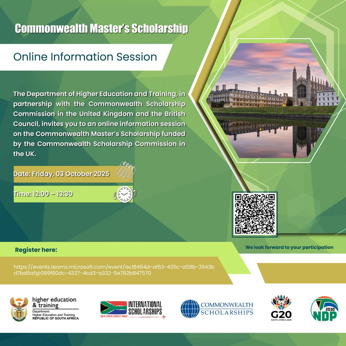 ✨ Commonwealth Master’s Scholarship Online Information Session
✅ Learn how to apply, check eligibility, and craft a winning application.

📅 Date: 3 October 2025
⏰ Time: 12:00 - 13:30
💻 Register here: lnkd.in/dCNCbUSz