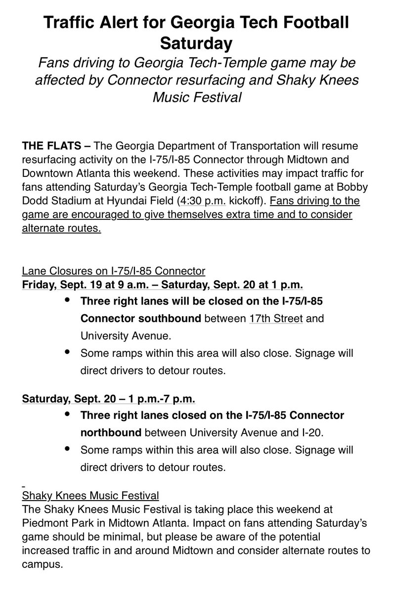 Kelly_Quinlan's tweet photo. Leave early for Georgia Tech-Temple. Another traffic alert issued. https://t.co/xCjgcSMuOt