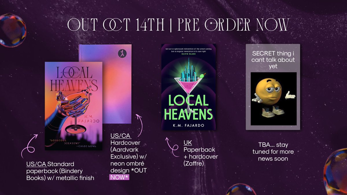 km_fajardo's tweet photo. LOCAL HEAVENS, my queer cyberpunk Gatsby reimagining, is out Oct 14 (so soon) 😭

tysm for supporting a queer bipoc dystopian debut especially rn 💚🇵🇭 

if you’re looking for “eat the rich”, bi love squares &amp; a critique of the American Nightmare—pre0rder wherever books are sold! https://t.co/qDQ04V3WJc