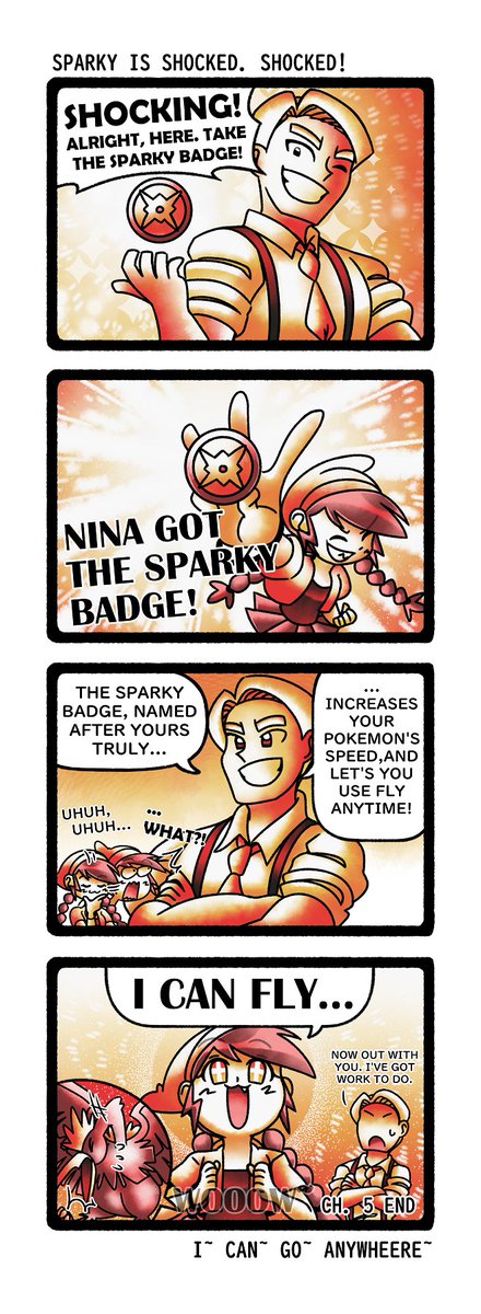 Hey heeey Sammy here! With the 4th badge gotten, the chap comes to an eend! After some ex strips, chap 6 will commence! See you then! #Pokemon #comic #ComicArt