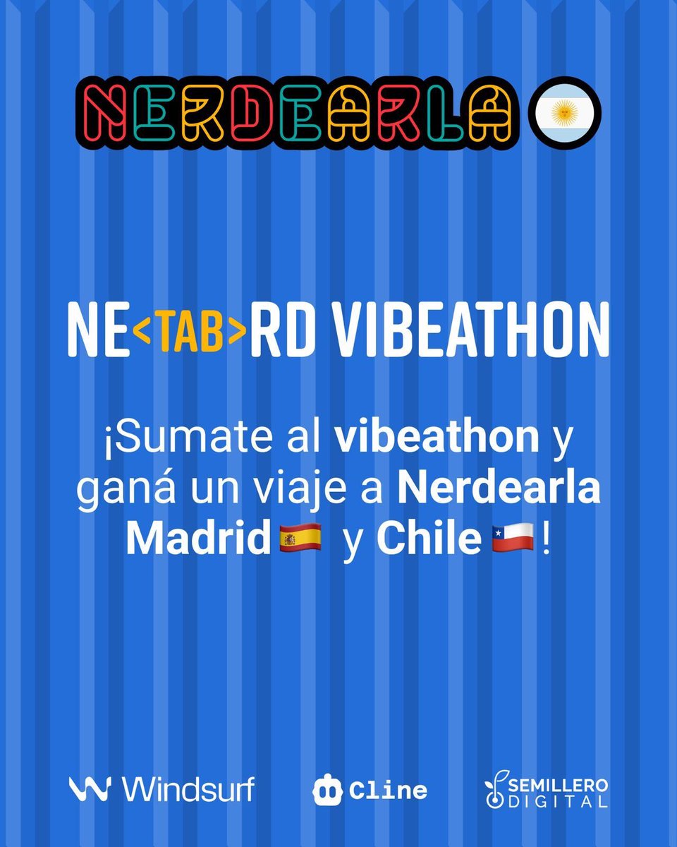 DataArCommunity's tweet image. Ya estamos a 4 días de Nerdearla, y les traemos una super propuesta!
✈️ Participá de Nerd Vibeathon y viajá a Nerdearla Madrid 🇪🇸 y Santiago de Chile 🇨🇱