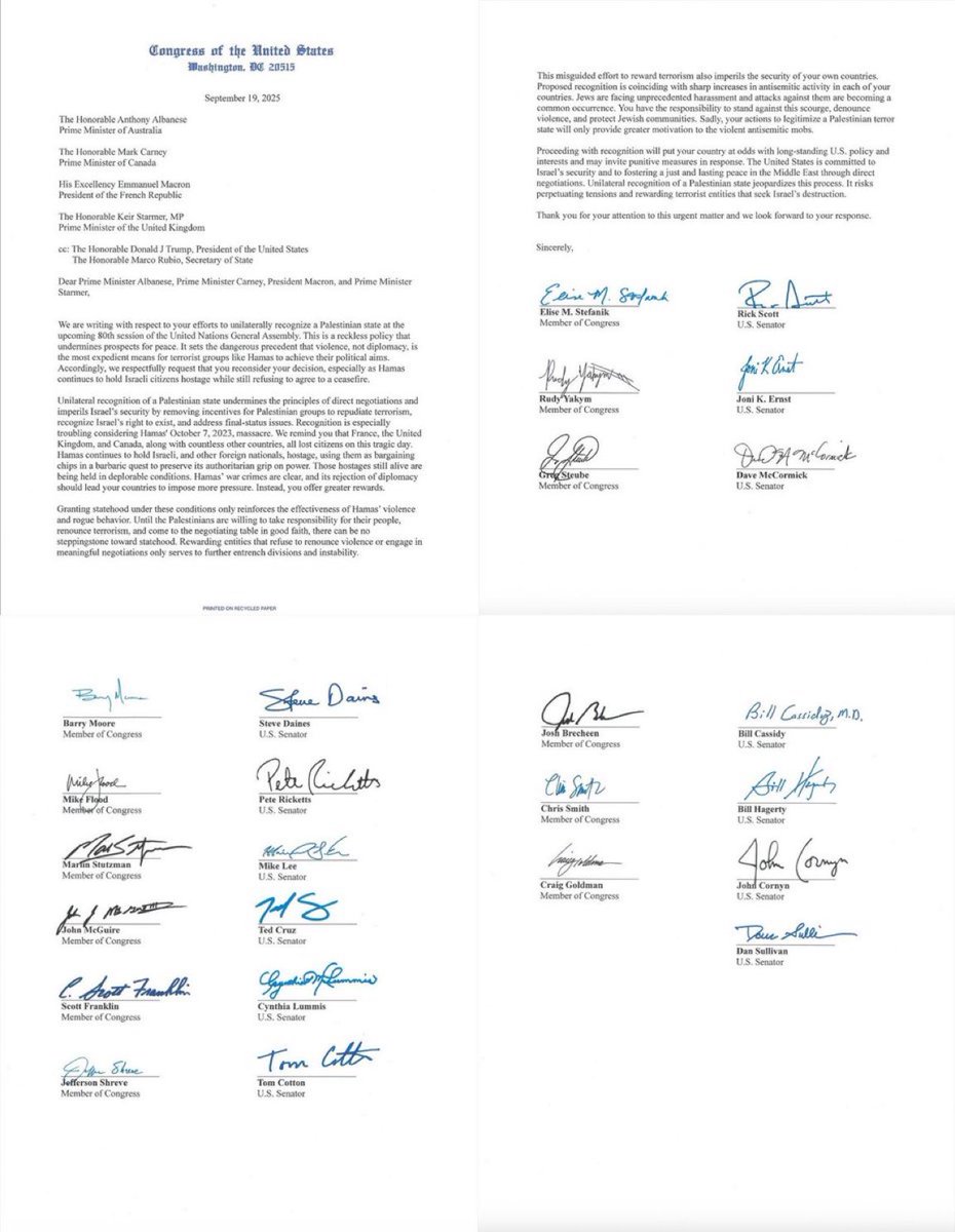 BREAKING: Members of Congress have sent a letter to France, Canada, the UK &amp; Australia urging them to reject any recognition of a “Palestinian” state at next week’s UN General Assembly.

No rewarding Islamists!